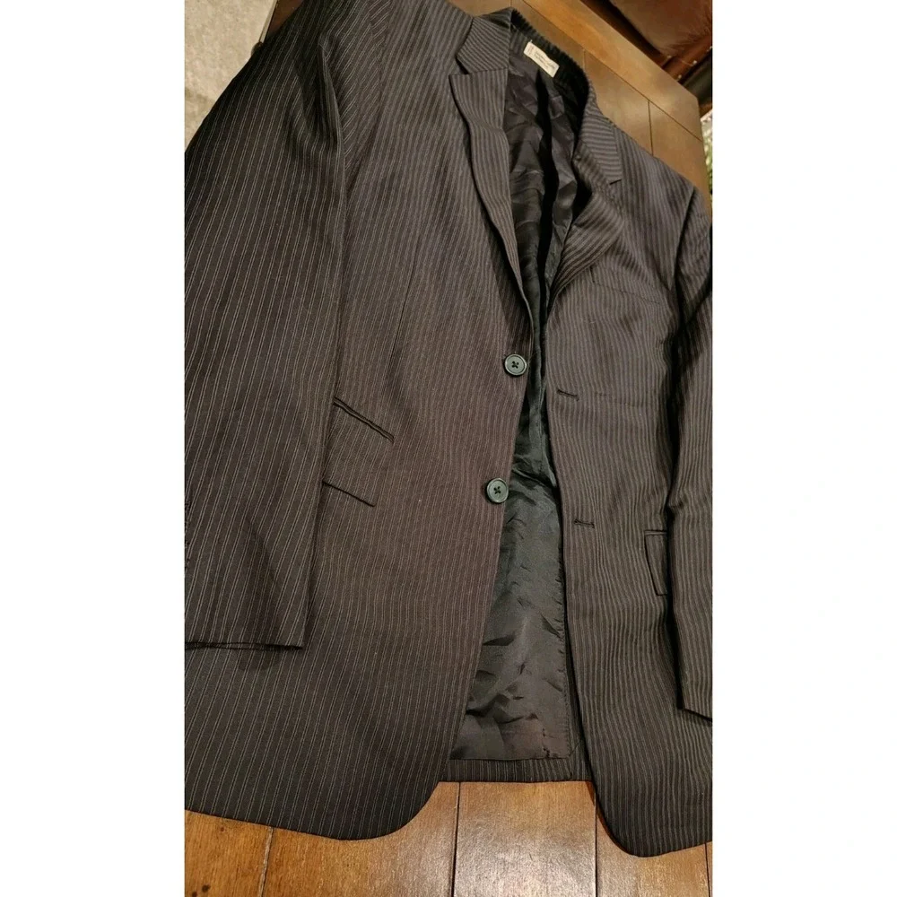 Perry Ellis Mens Pinstripe Blazer 40 Short Two Button Suit Jacket Charcoal Black
